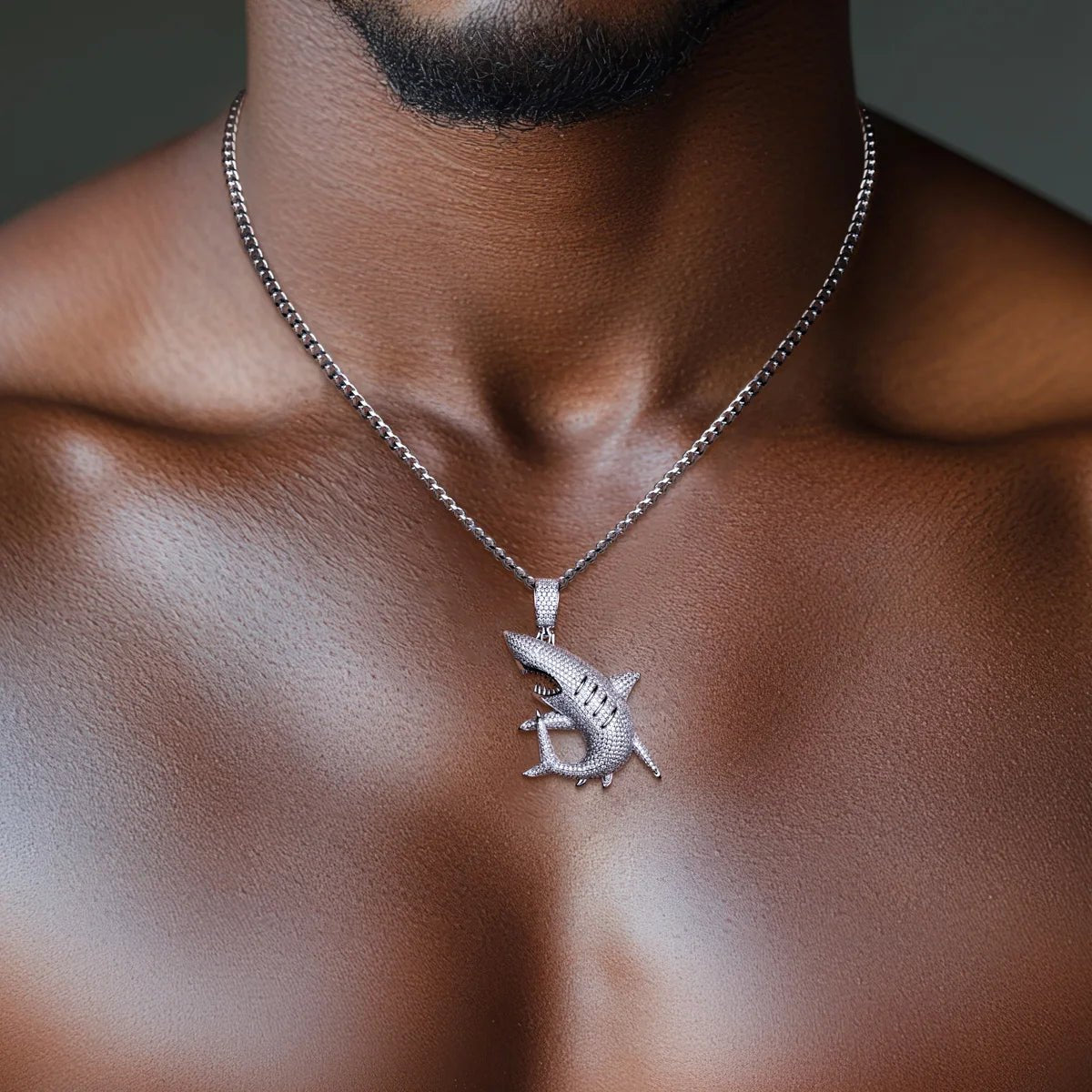 Great White Shark 2.79 Carats Moissanite Solid Silver Pendant Chain