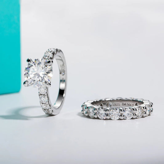 Bridal Set 9.9 Carats Solid Silver Platinum Plated Engagement Ring + Wedding Band