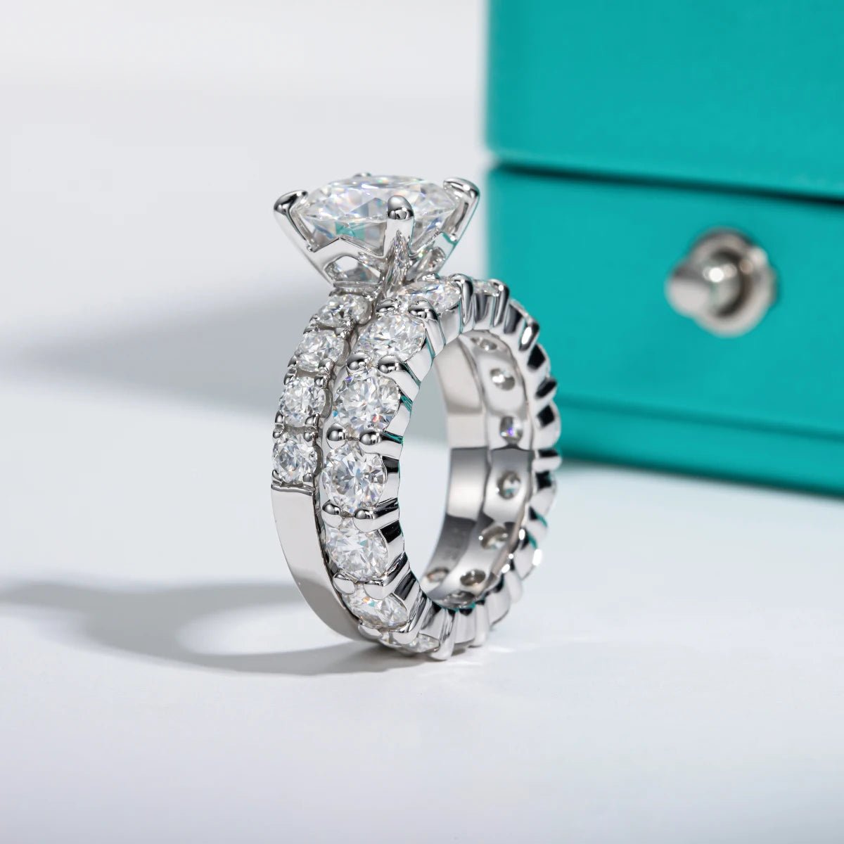 Bridal Set 9.9 Carats Silver Platinum Plated Engagement Ring + Wedding Band