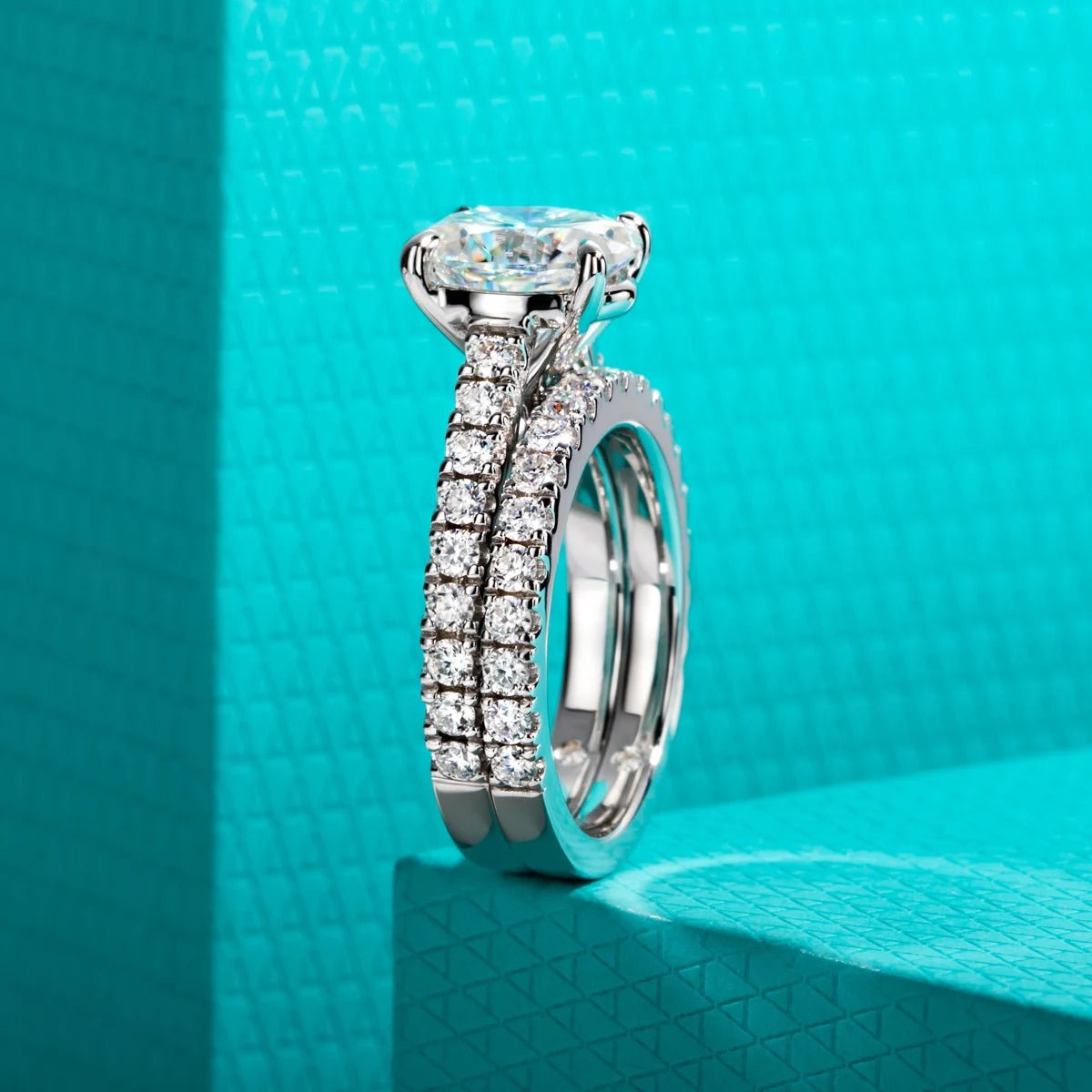 Cleopatra 4.04 Carats Silver Platinum Plated Engagement Ring + Wedding Band Set