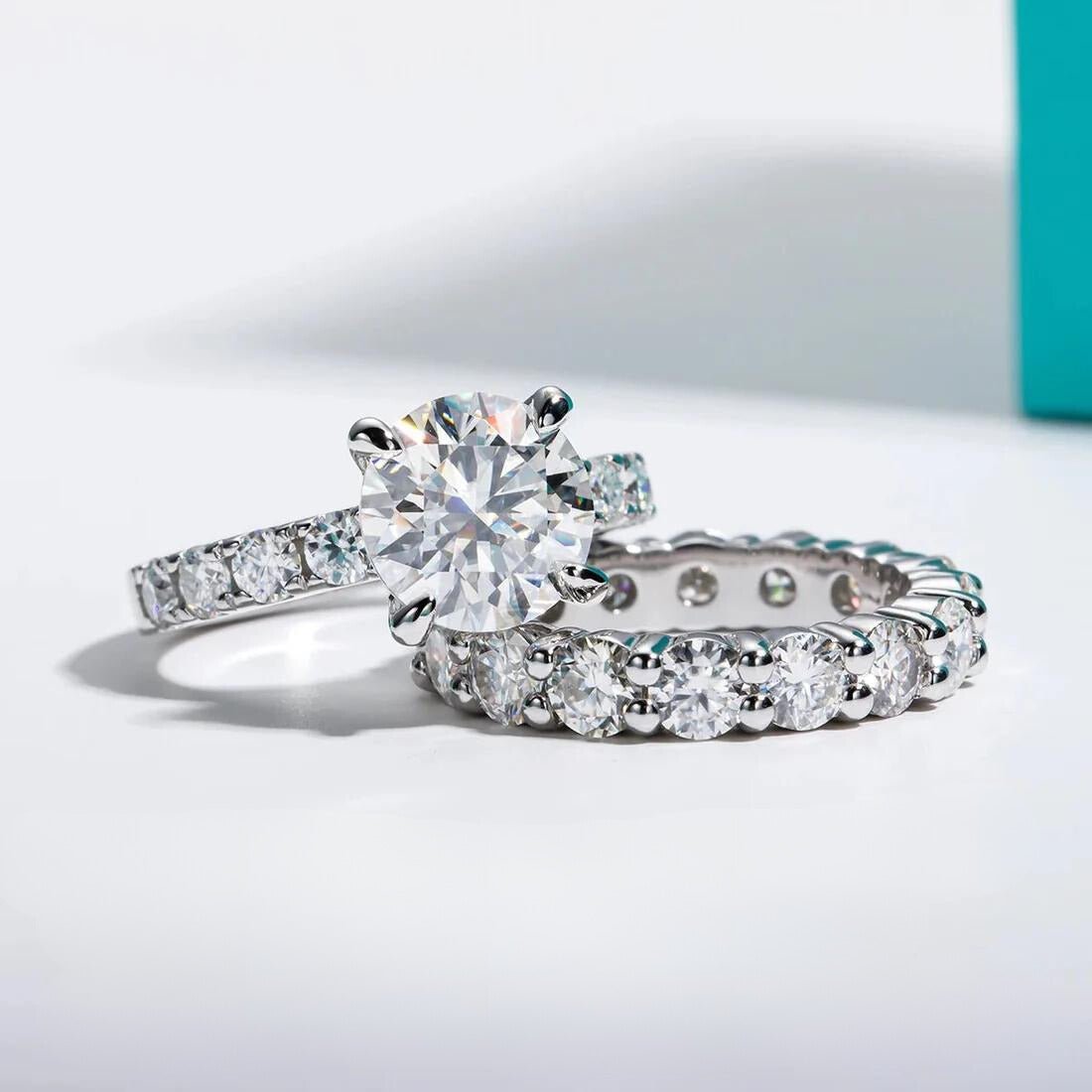 Bridal Set 9.9 Carats Silver Platinum Plated Engagement Ring + Wedding Band