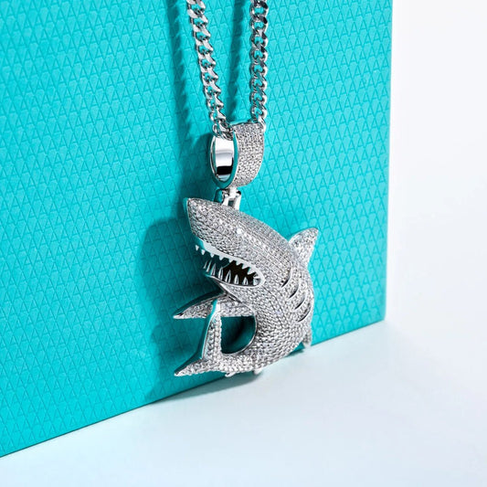 Great White Shark 2.79 Carats Moissanite Solid Silver Pendant Chain
